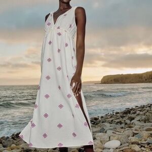 ZARA White Maxi Dress with Purple Embroidery